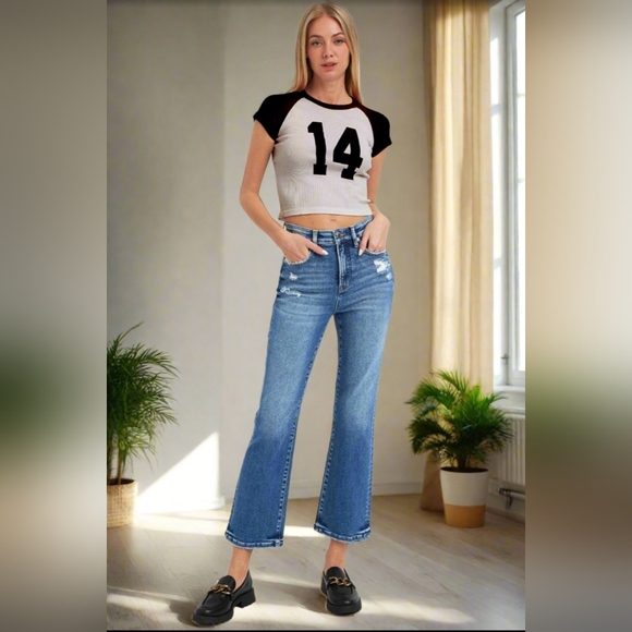 RISEN High-Rise Tummy Control Retro Jeans Distressed Bootcut Ankle Denim Pants - Picture 2 of 16